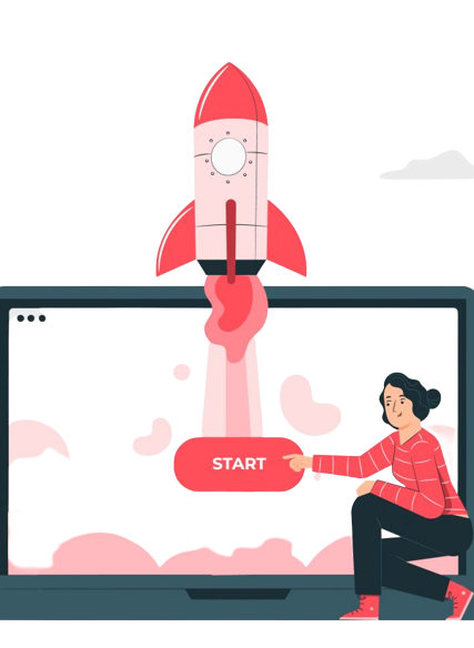 Contact us image illustration of a red rocket taking off out of a screen.