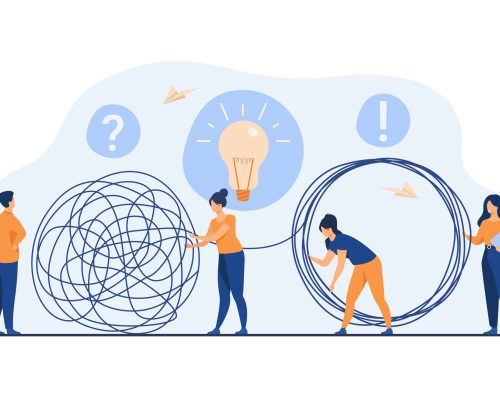 An illustration of four individuals with a tangled web of problems and working out a smooth solution wheel as an output.