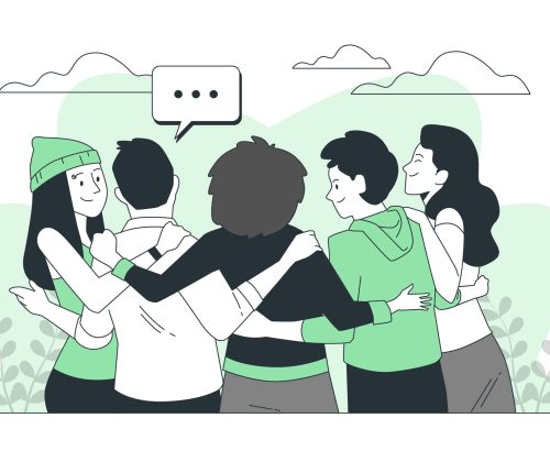 A vector illustration of a group of individuals sharing a support embrace listening with understanding. userExperience chosen illustration of empathy in UX design.