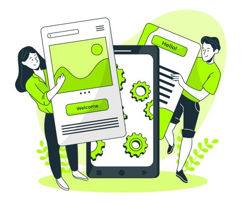 A vector illustration used by userExperience to illustrate Usability Testing. A young lady and man holding up mobile app screens.